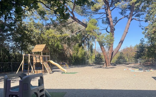 Large fenced play yard with a wooden play structure and tall shade trees at Super Kidz Club